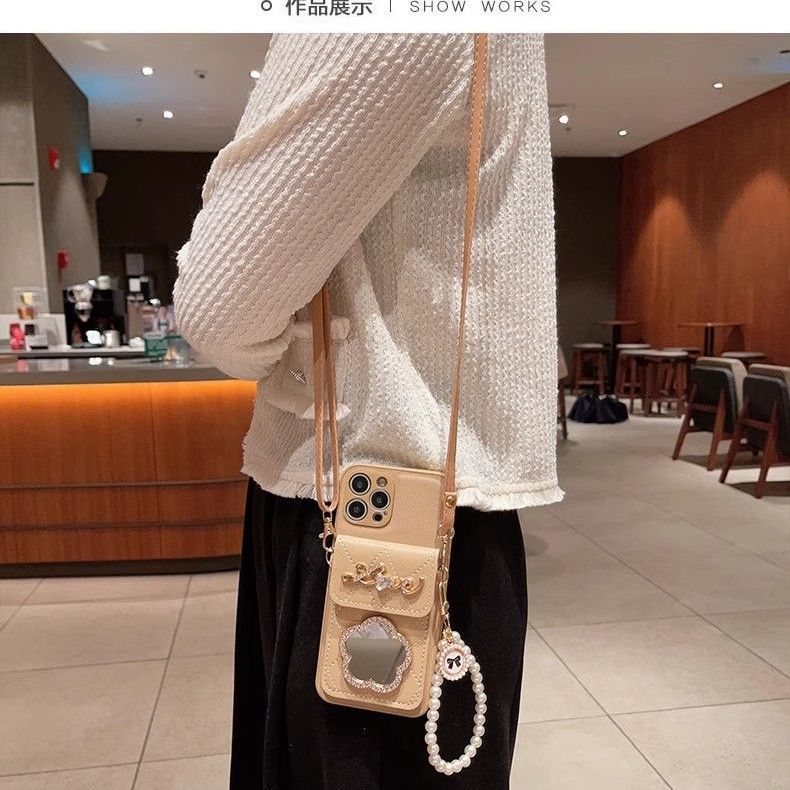 Apple phone case with mirror card holder oblique lanyard
